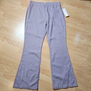 NWT Jalleh 100% Linen Embroidered Split Hem Purple Pants Size Large